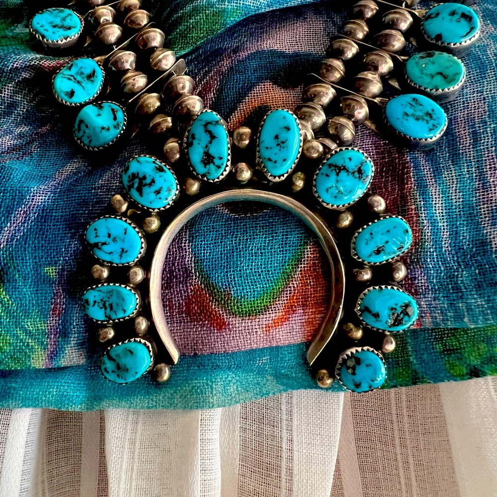 Navajo Turquoise Morenci Squash Blossom Necklace